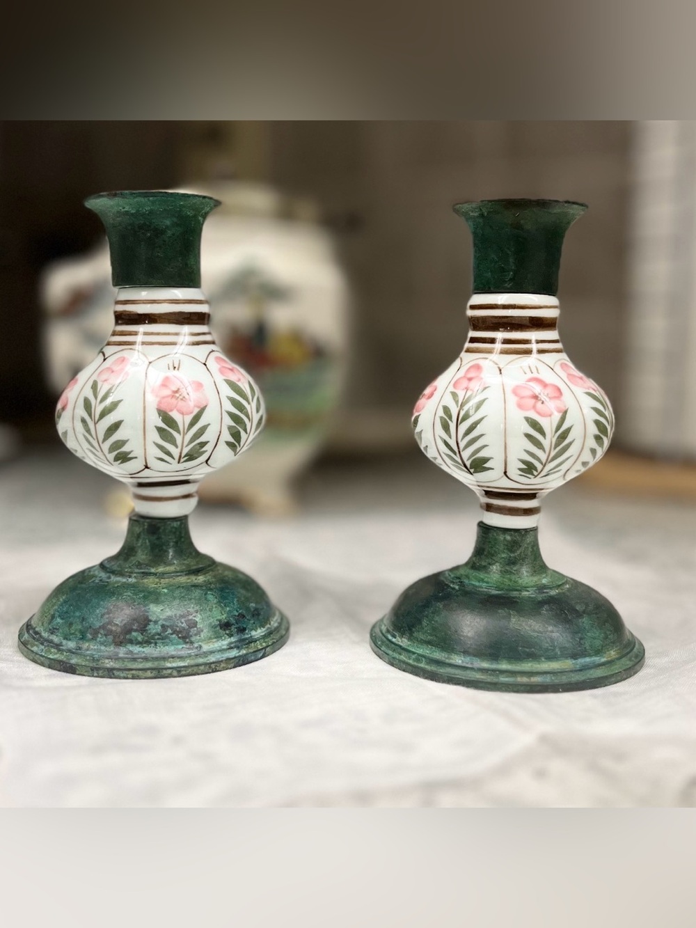 Vintage Art Nouveau Floral Porcelain & Green Metal Taper Candle Holders Set of 2